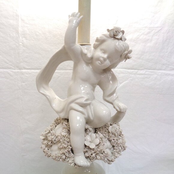 Neoclassical White Porcelain Cherub Lamp 1940's - Picture 1 of 16